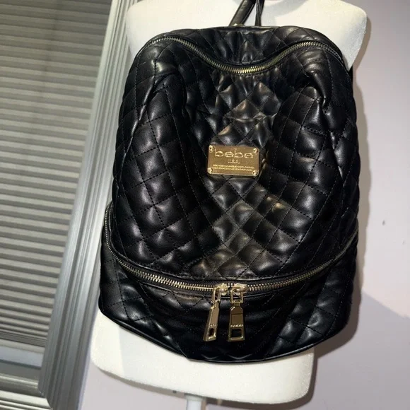 BEBE Brand Quilted Black Backpack - Purse-Gold Hardware Women’s Purse - Picture 1 of 12